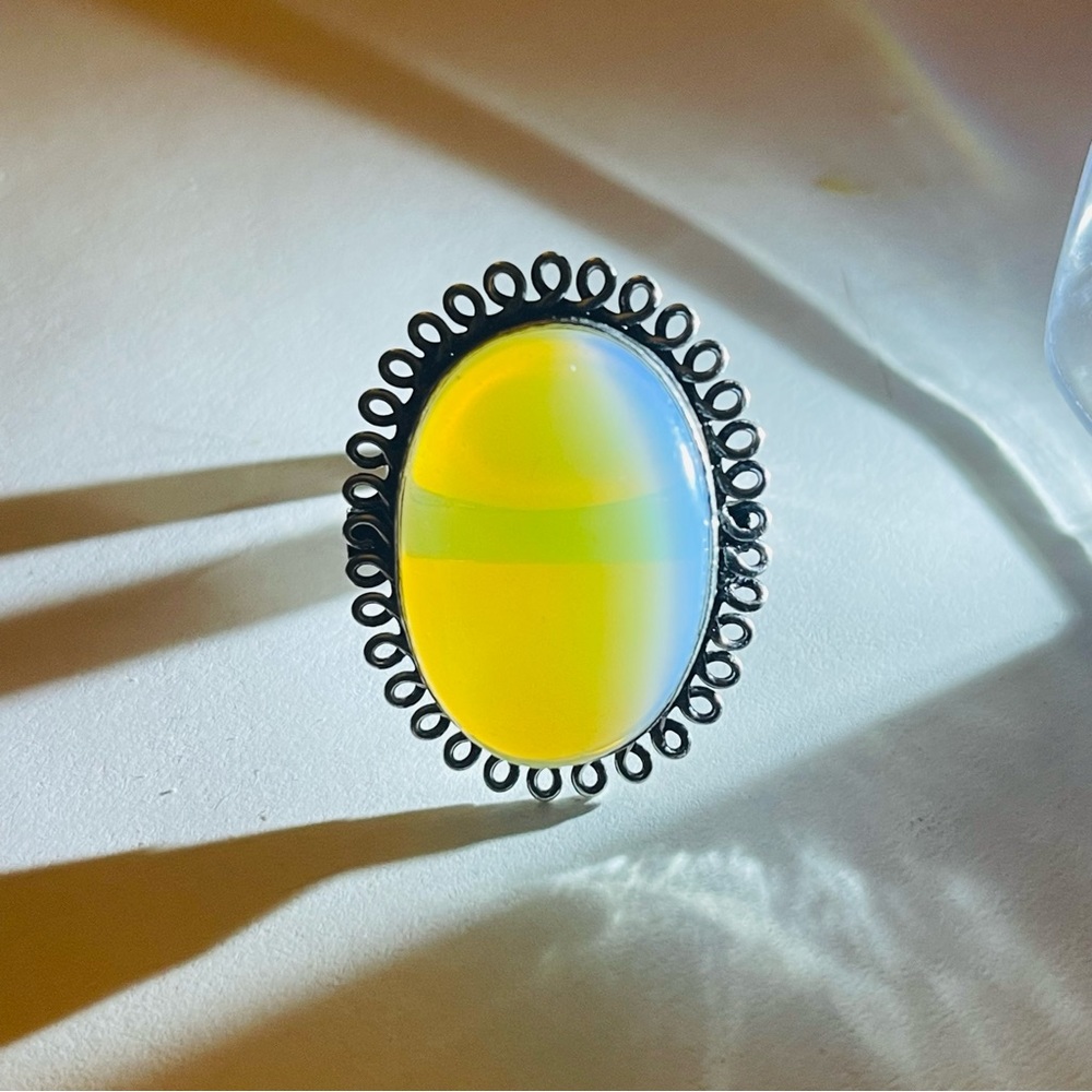 New 925 Sterling Silver Blue Yellow Triplet Opalite Artisten Oval Cut Ring - Picture 6 of 17